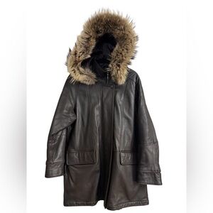 LNR Leather Coat. Vintage 1990s Finland Fur Trim Thinsulate  L